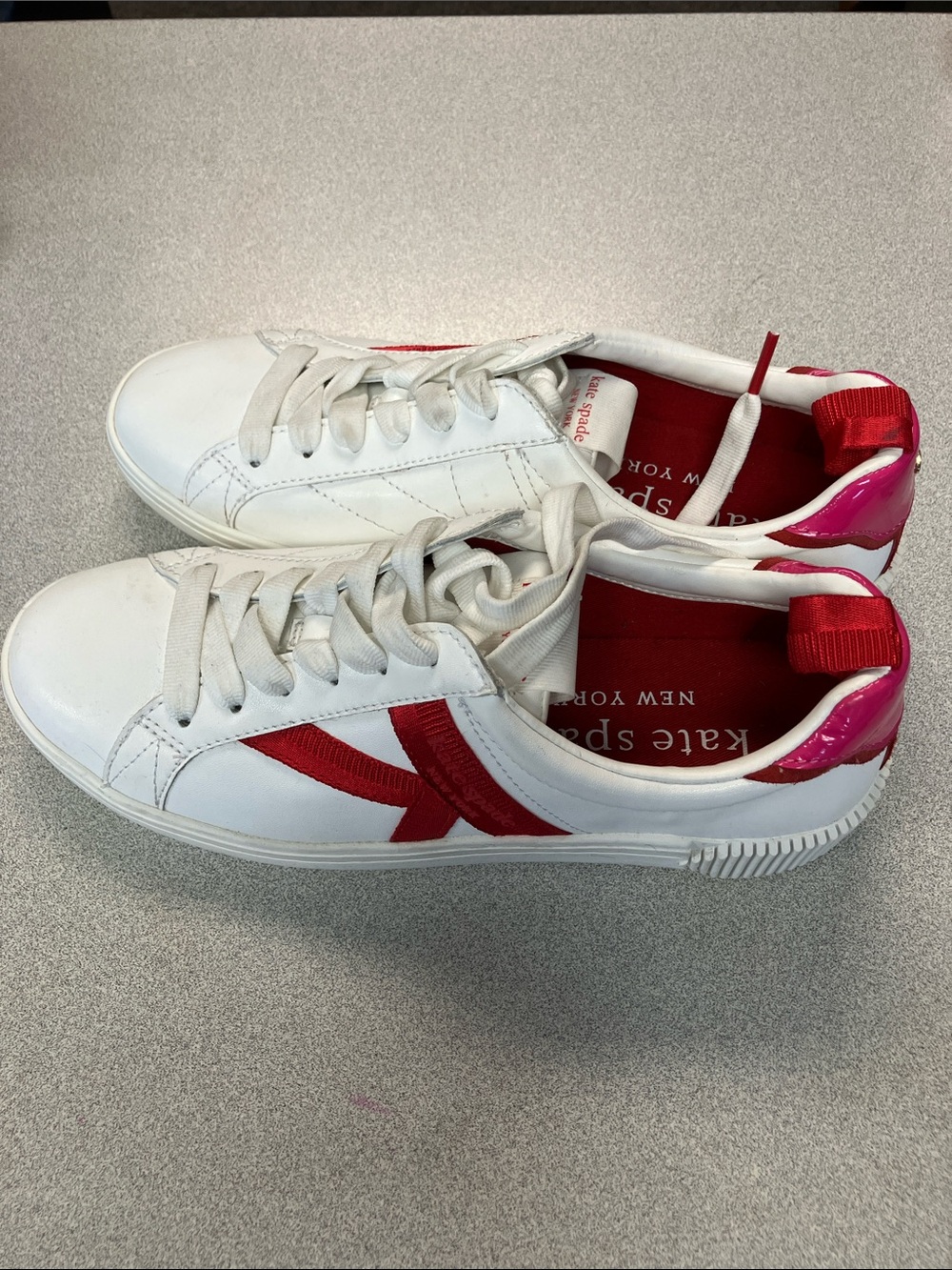 kate spade White Leather Sneakers with Red Side Stripe and Pink Heel Tab